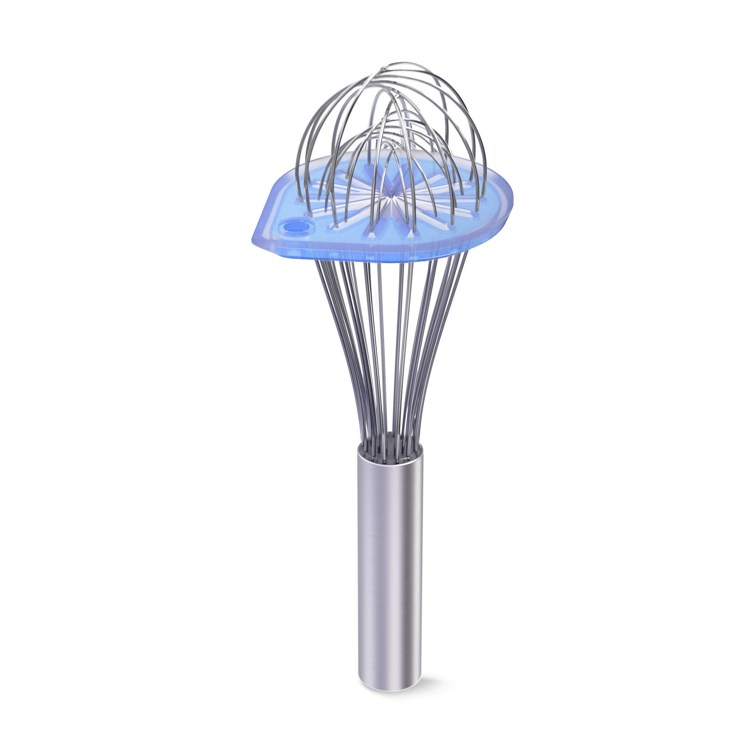 Whisk Wiper on counter in glass blue catching drips