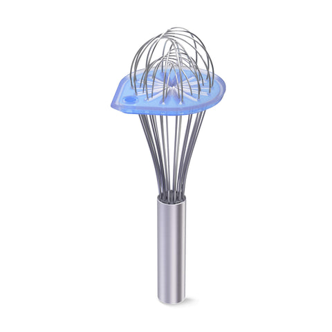 Whisk Wiper on counter in glass blue catching drips