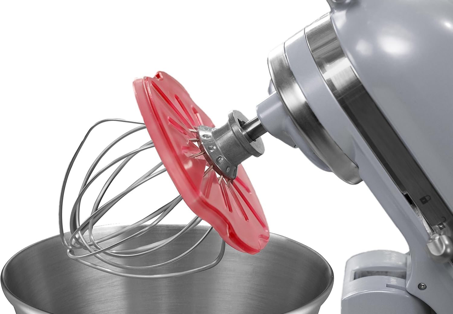 Whisk Wiper PRO on red stand mixer, quick bowl wipe for a mess-free counter