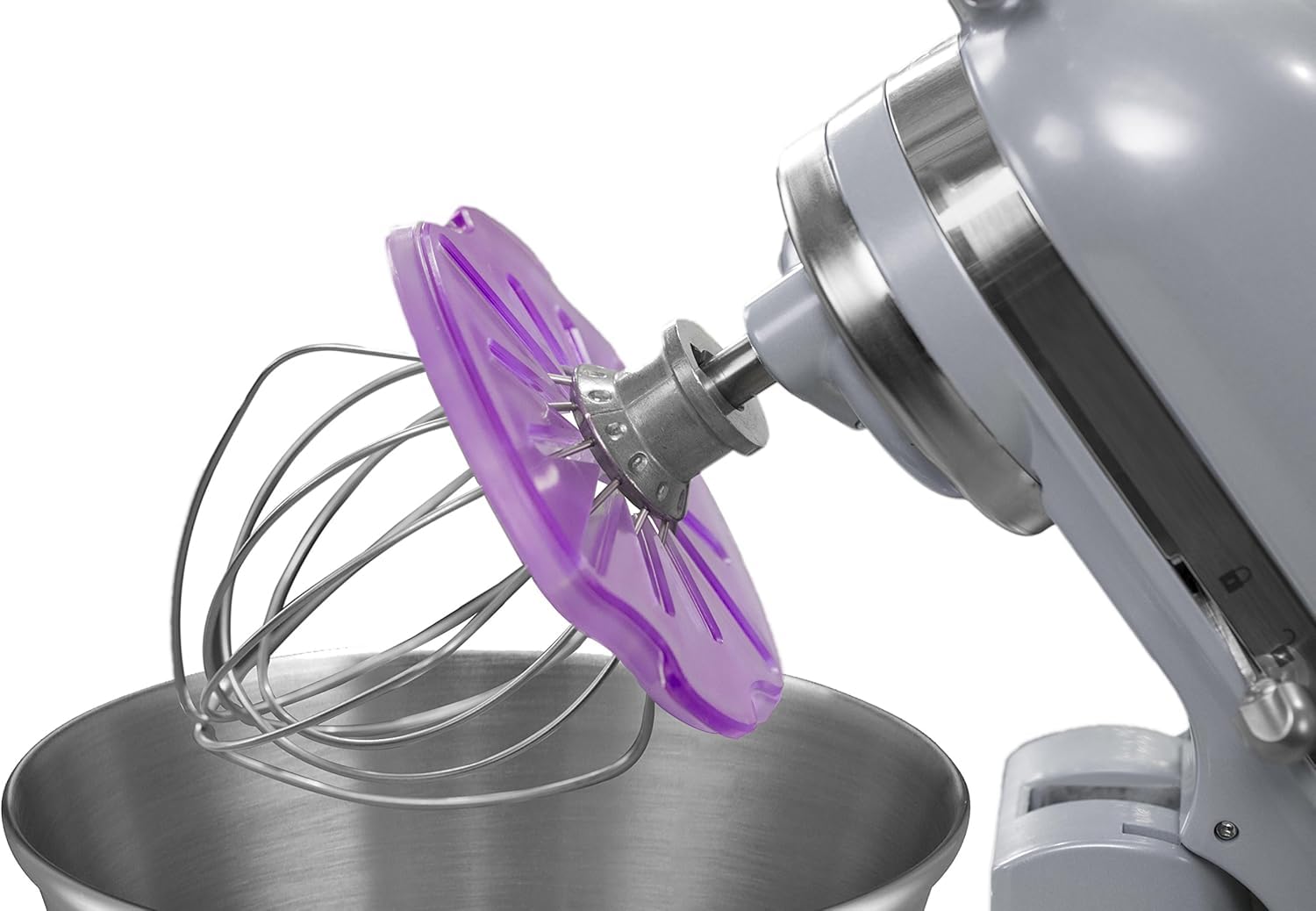 Whisk Wiper PRO on a tilt-head mixer bowl cleaning quickly and efficiently
