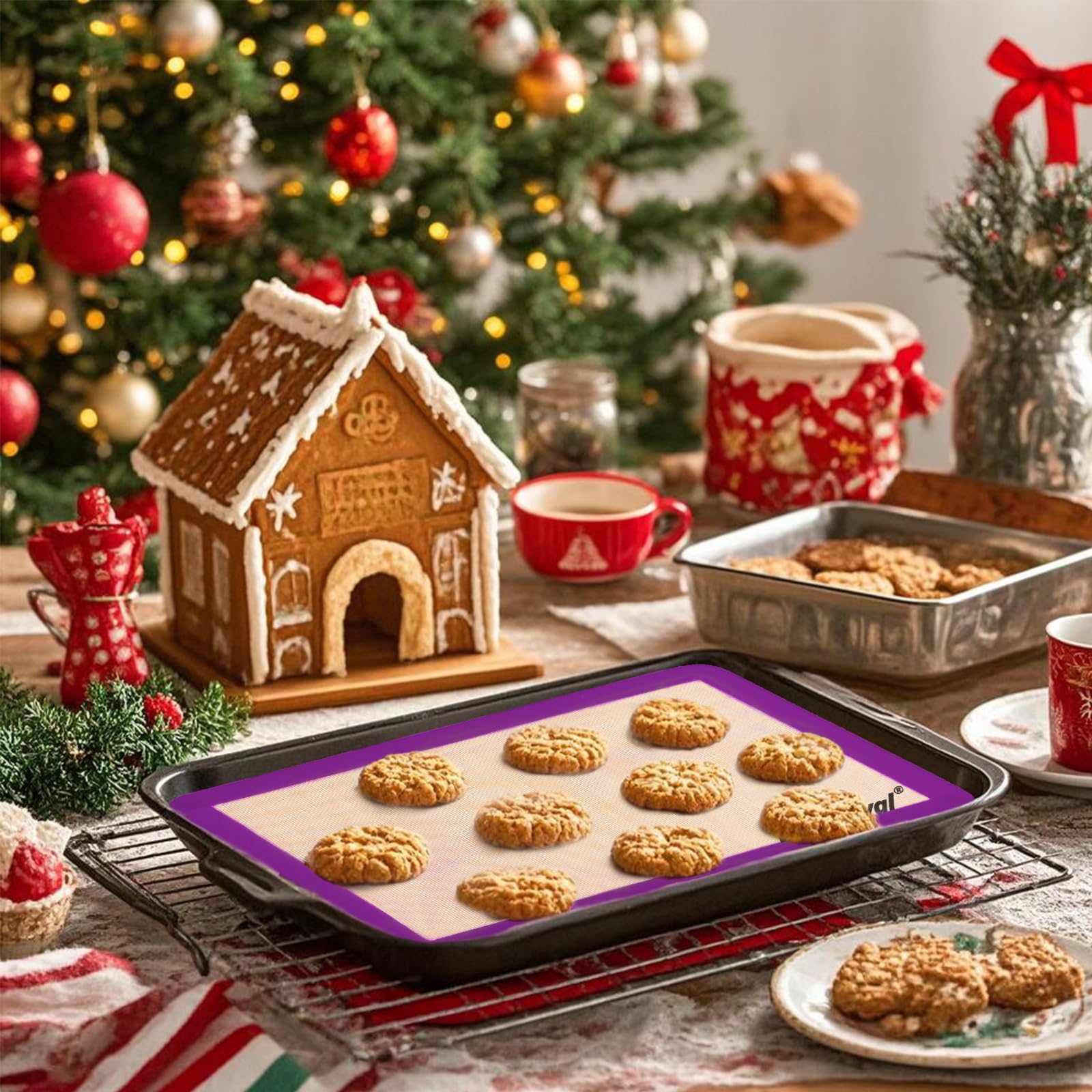 Whisrvival half-size blue baking mat provides even heat for uniform baking.