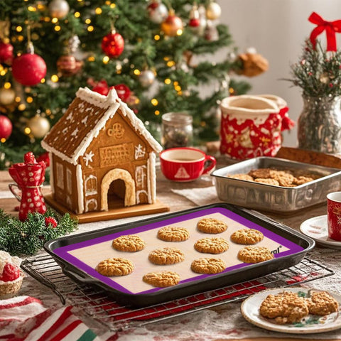 Whisrvival half-size blue baking mat provides even heat for uniform baking.