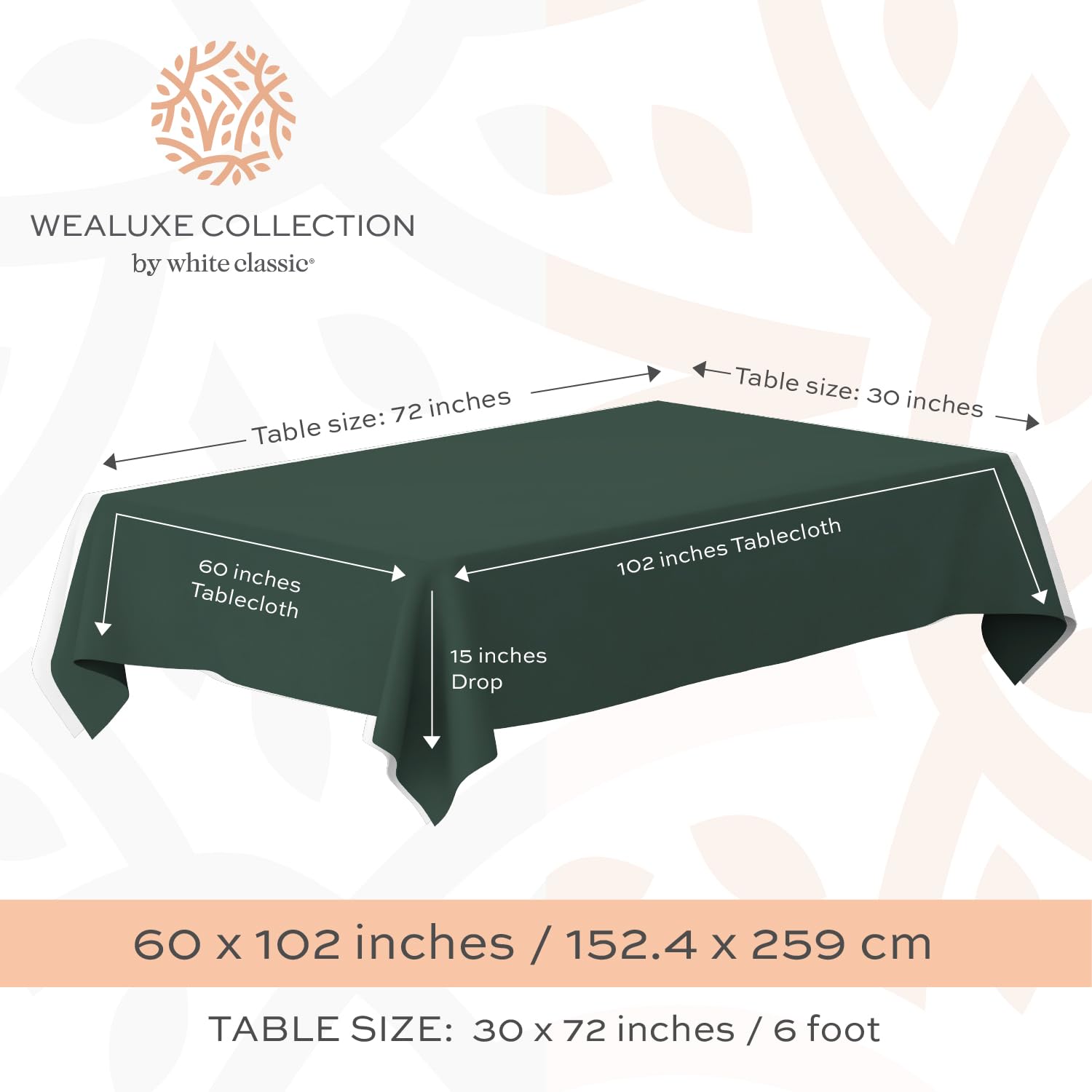 White Classic green rectangle tablecloth for 6 ft tables, ideal for family meals.