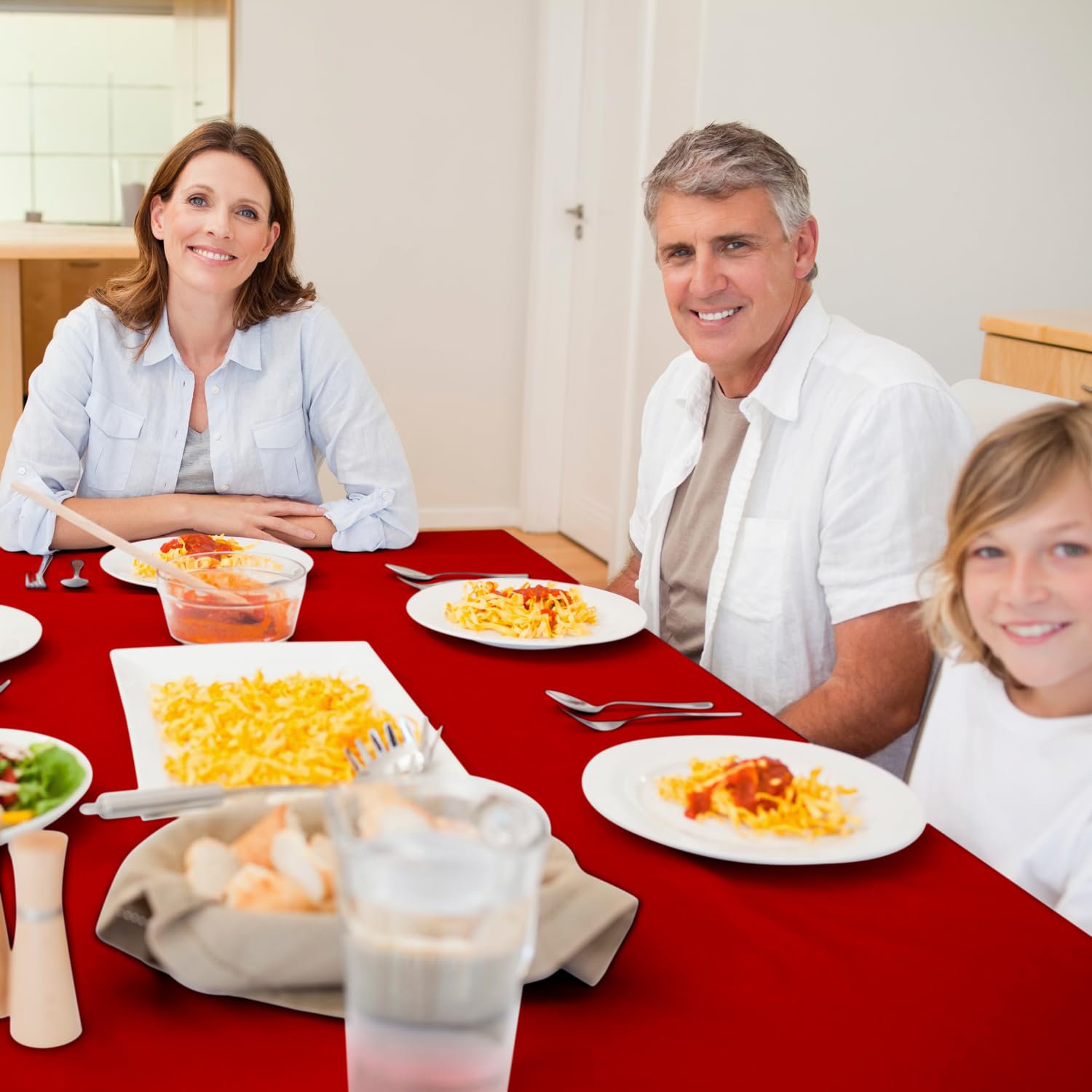 White Classic Wealuxe red tablecloth provides a 15-inch drop for full coverage.