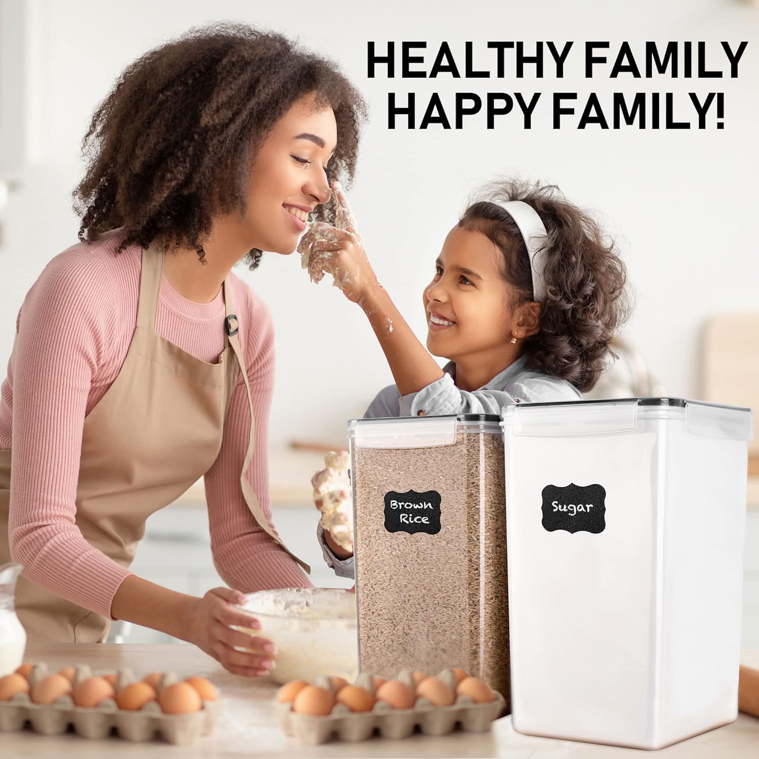 White Feather Supplies cereal, flour, and sugar storage in clear, easy-to-see containers.