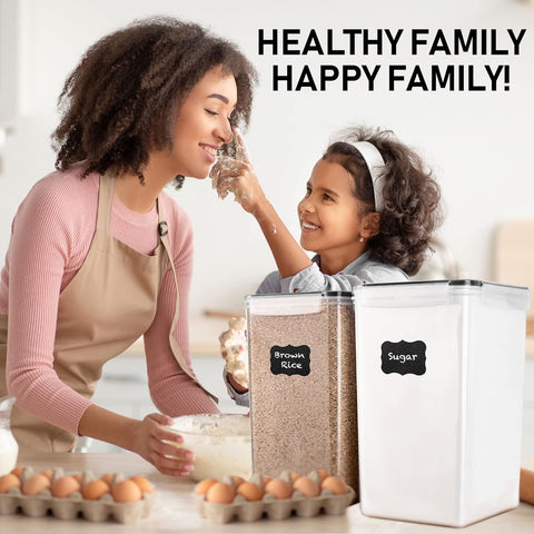 White Feather Supplies cereal, flour, and sugar storage in clear, easy-to-see containers.