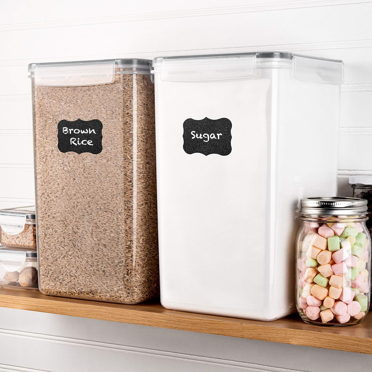 White Feather Supplies stackable pantry containers save shelf space.