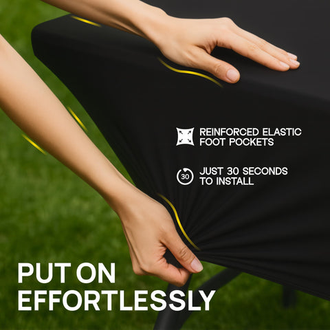 White Classic black spandex cover hides imperfections with wrinkle-free fabric.
