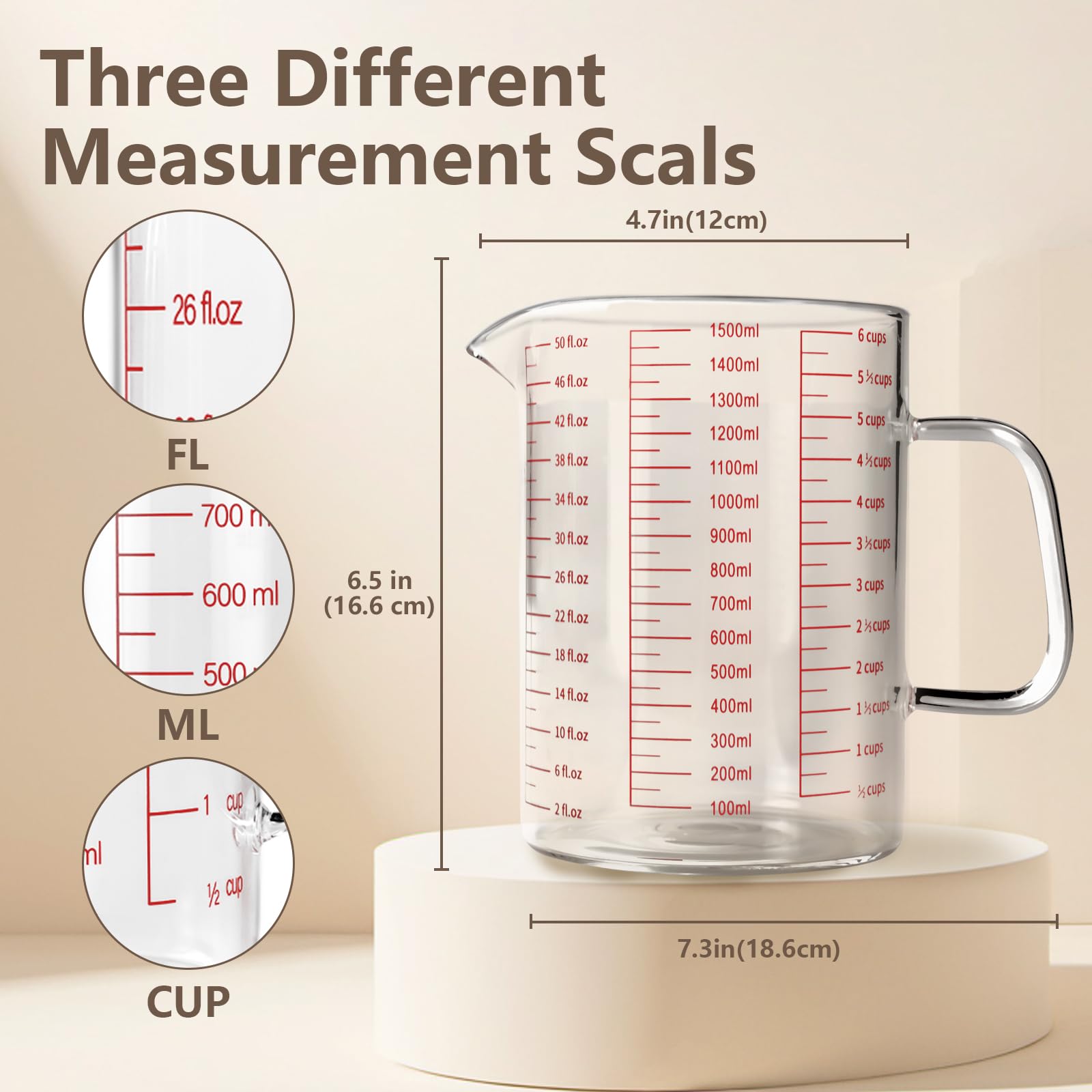 WhiteRhino glass measuring cup showing cup, oz, and ml scales for versatile measuring