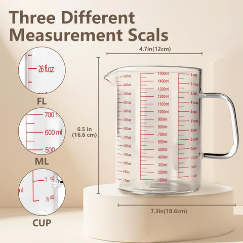 WhiteRhino glass measuring cup showing cup, oz, and ml scales for versatile measuring