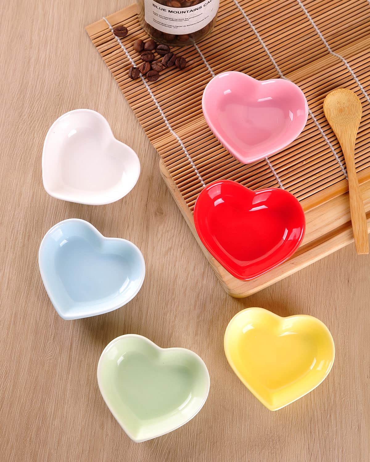WHJY pink-glazed heart bowls enhance presentation of sauces and small bites