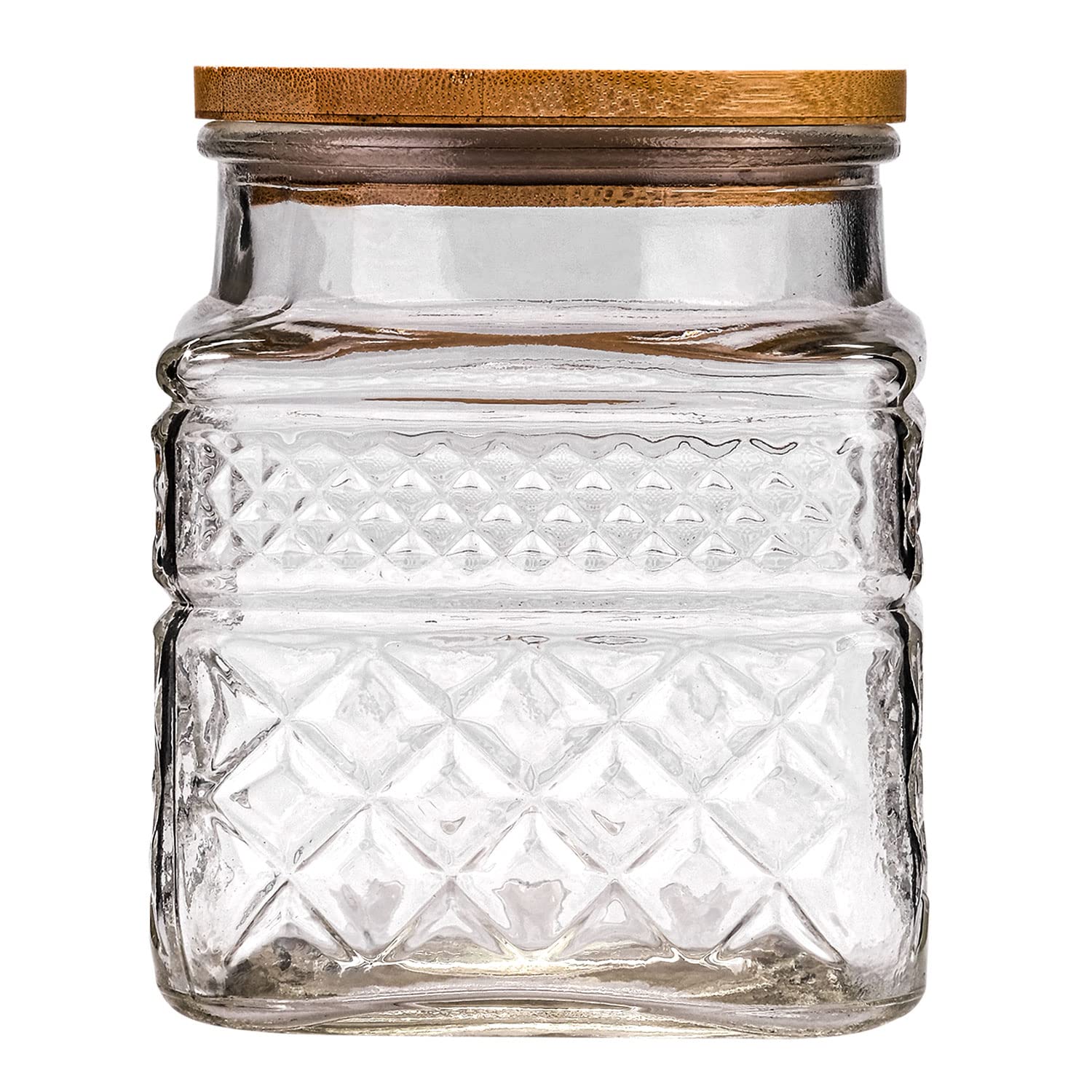 WHJY glass storage container with embossed geometry on kitchen shelf, stylish and durable.