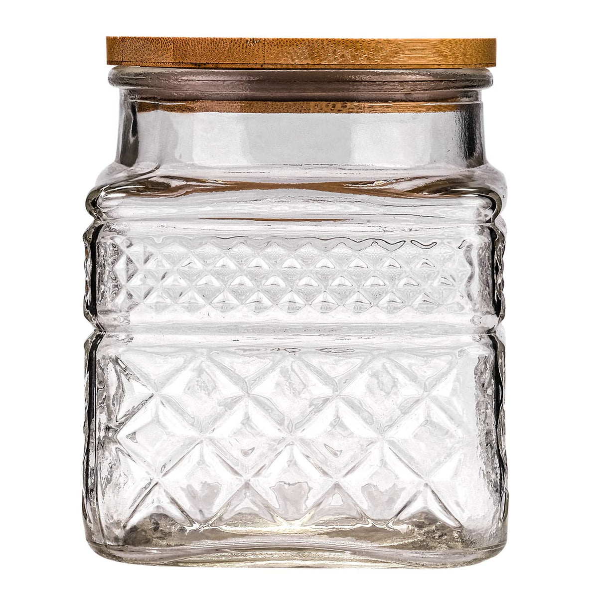 WHJY glass storage container with embossed geometry on kitchen shelf, stylish and durable.