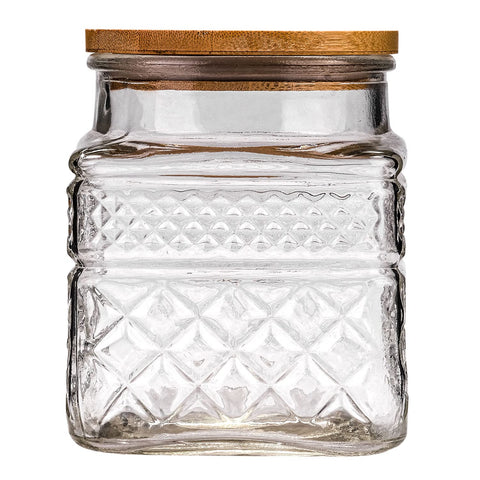 WHJY glass storage container with embossed geometry on kitchen shelf, stylish and durable.