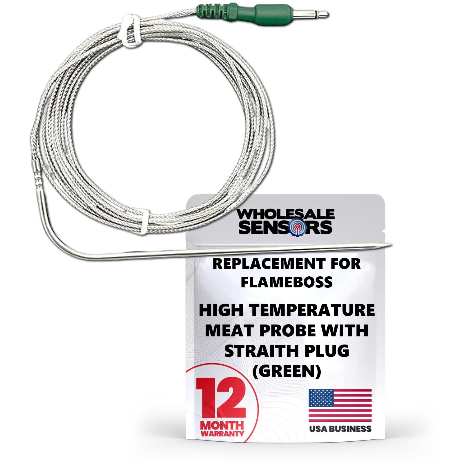 Wholesale Sensors Flame Boss green straight plug meat probe for precise grilling.