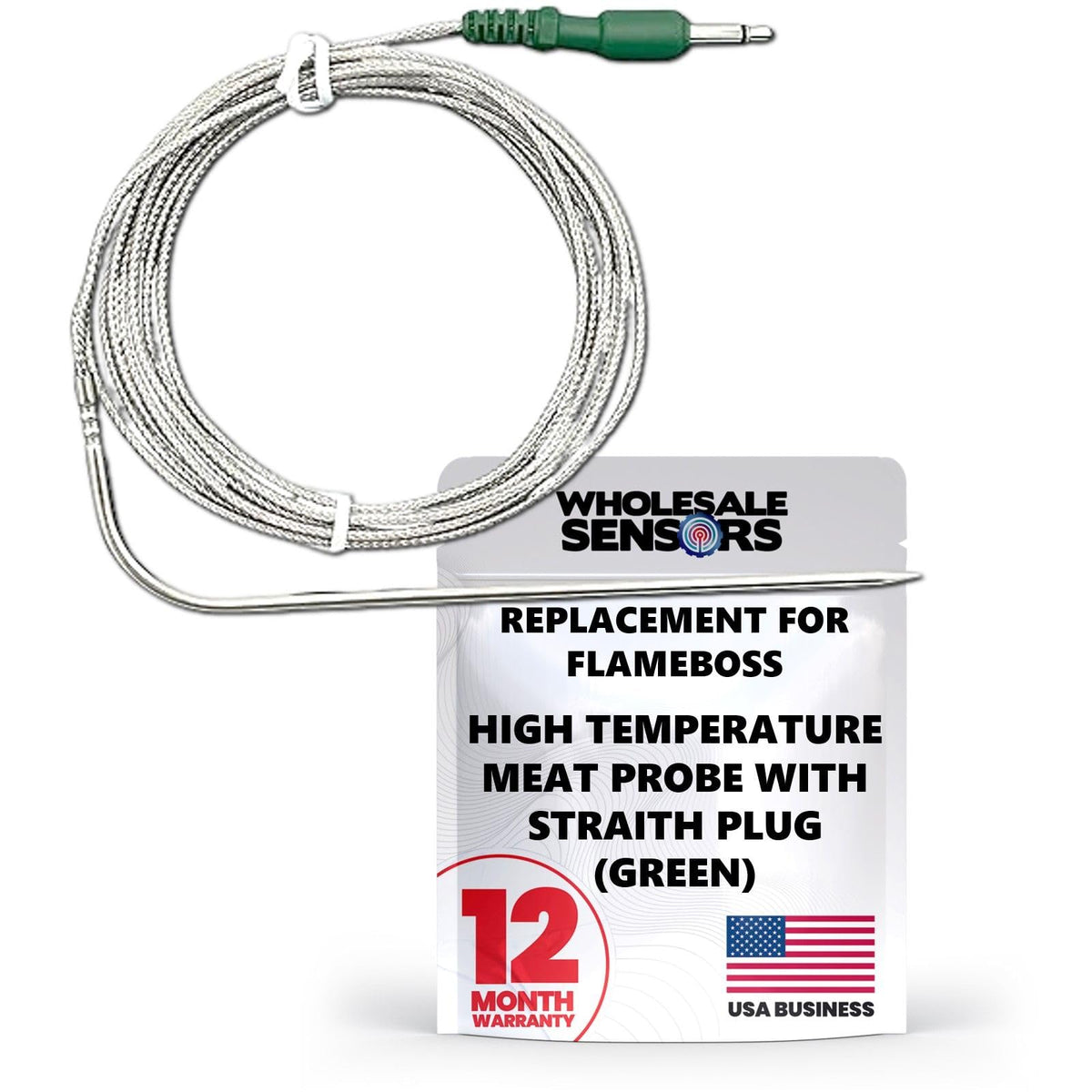 Wholesale Sensors Flame Boss green straight plug meat probe for precise grilling.