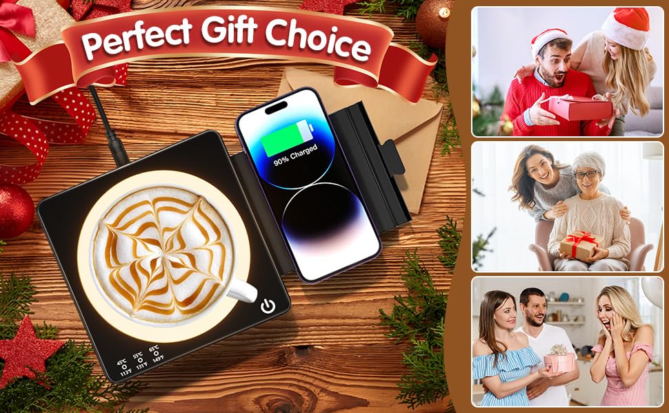 WHOLEV Mug Warmer compatible with coffee, tea, or milk mugs.