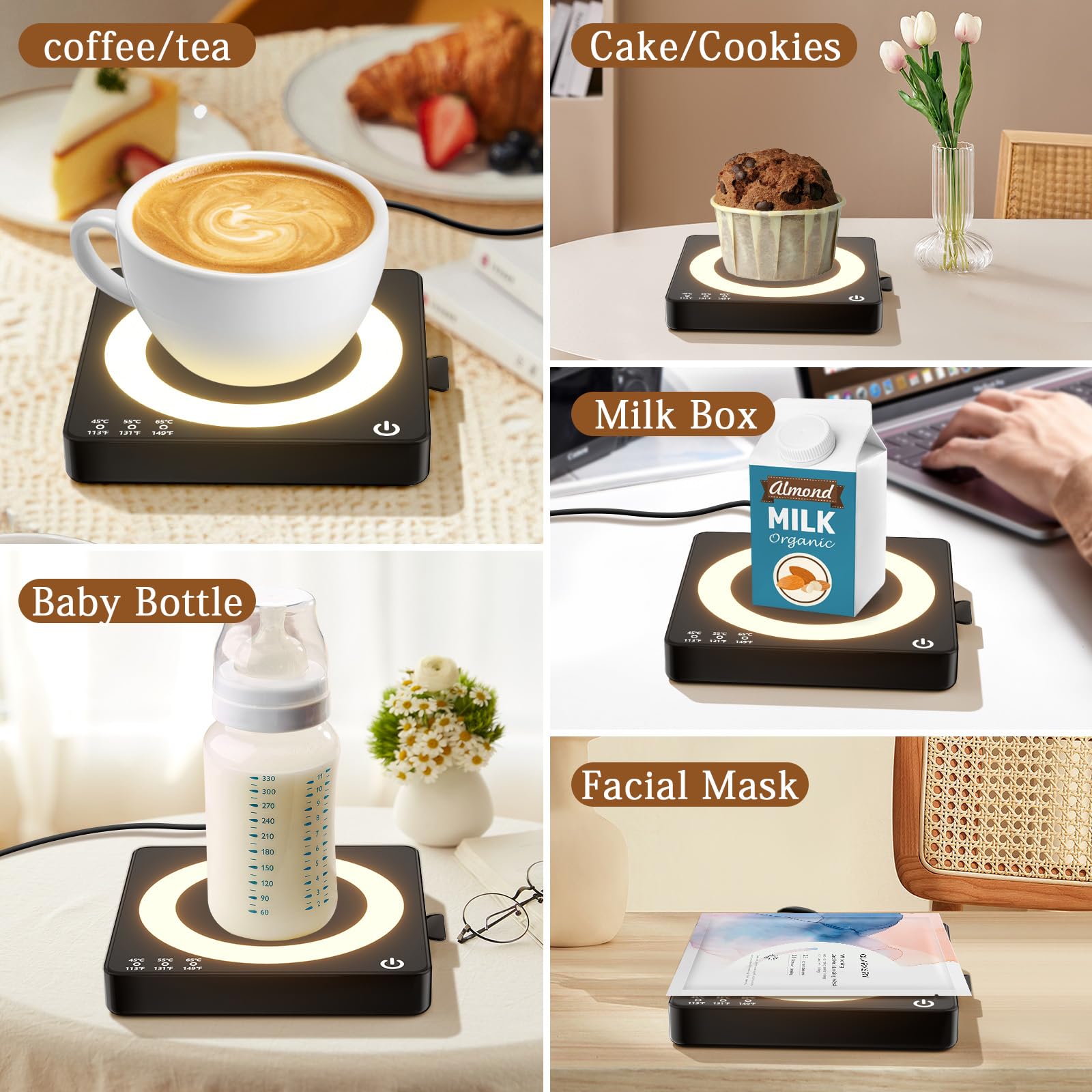 WHOLEV Mug Warmer on desk with easy-to-clean surface.