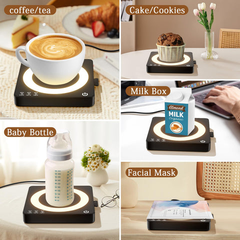 WHOLEV Mug Warmer on desk with easy-to-clean surface.