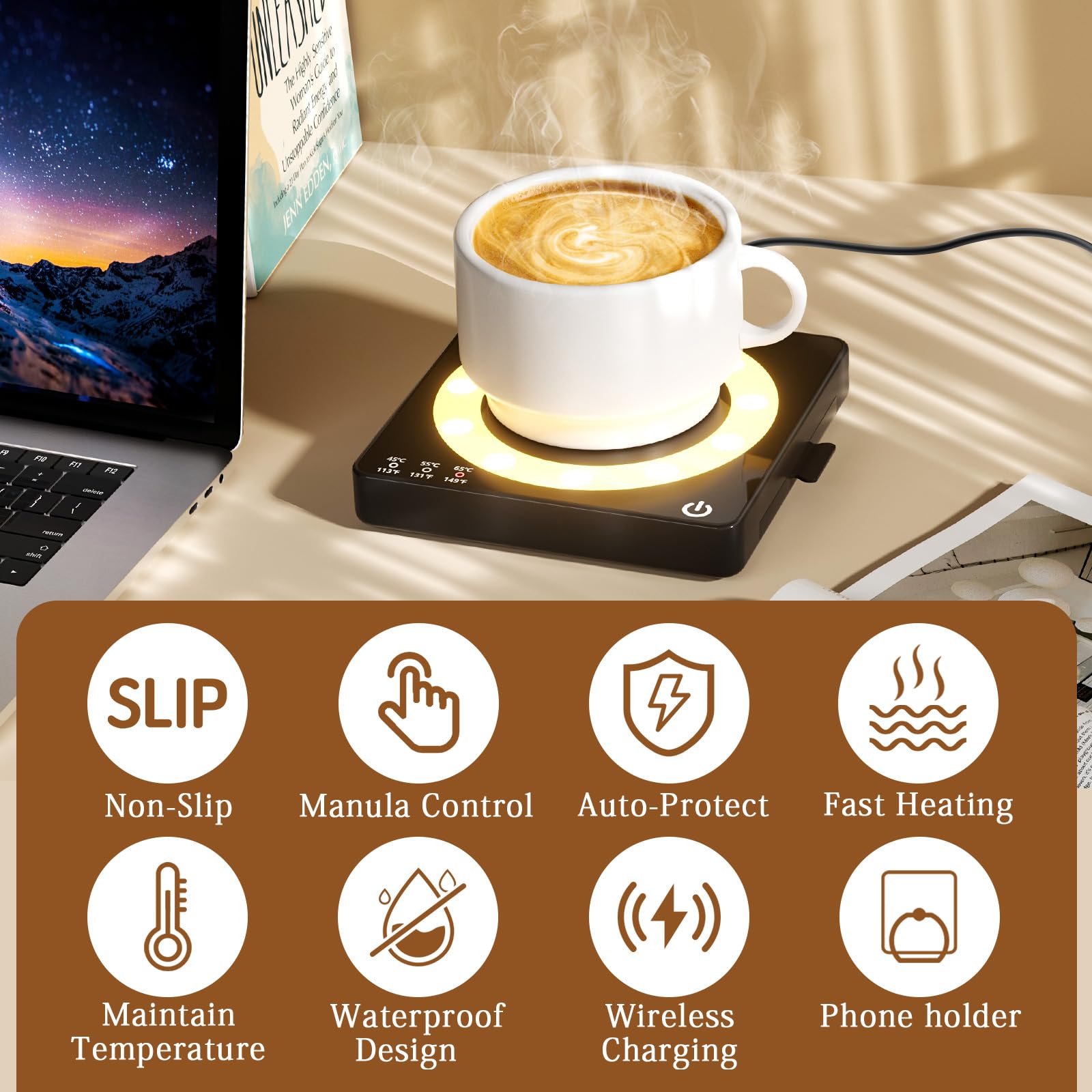 WHOLEV Coffee Mug Warmer demonstrates three heat settings for precise warmth.