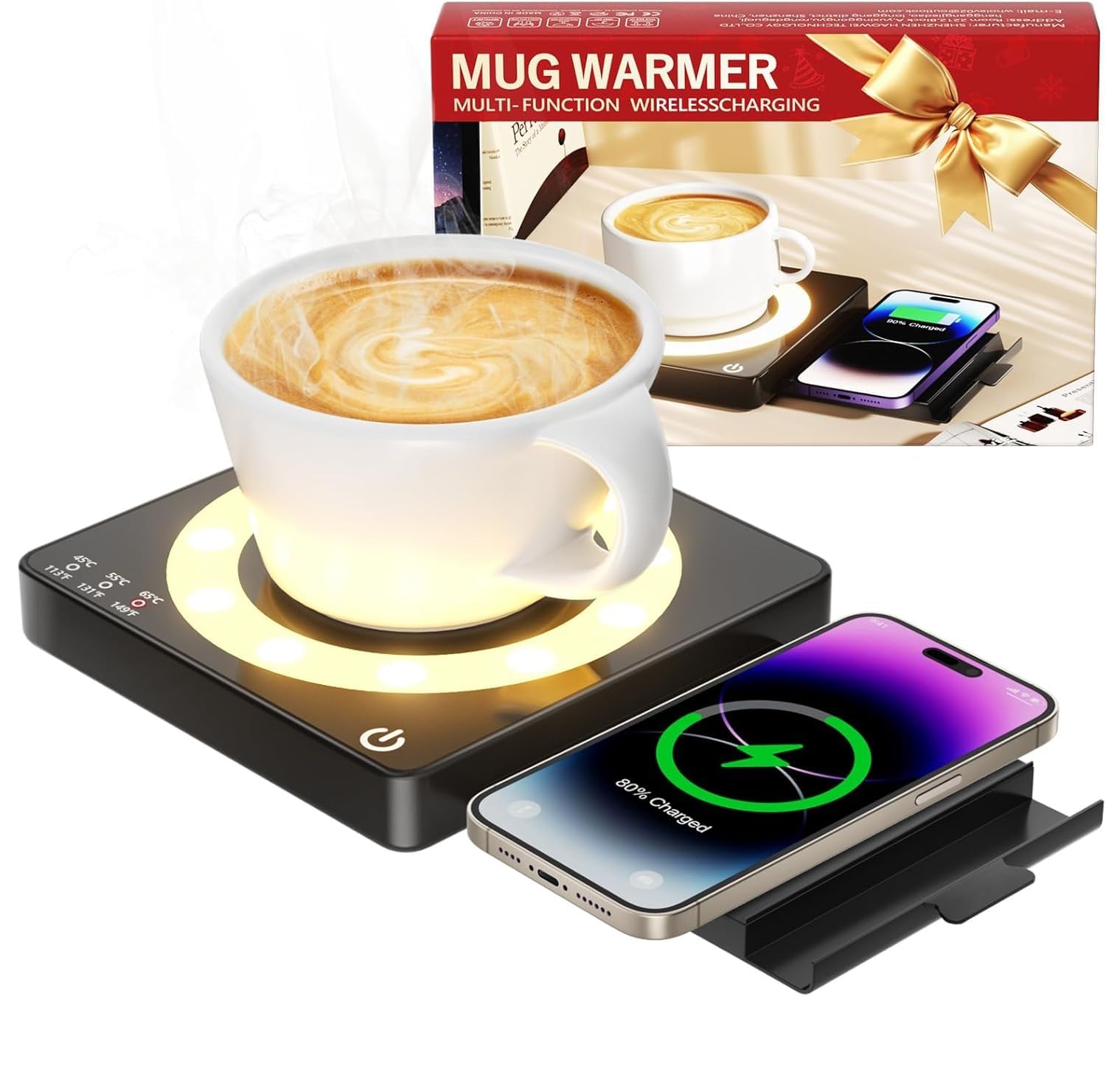 WHOLEV Coffee Mug Warmer top view shows compact desk-friendly design for warming beverages.