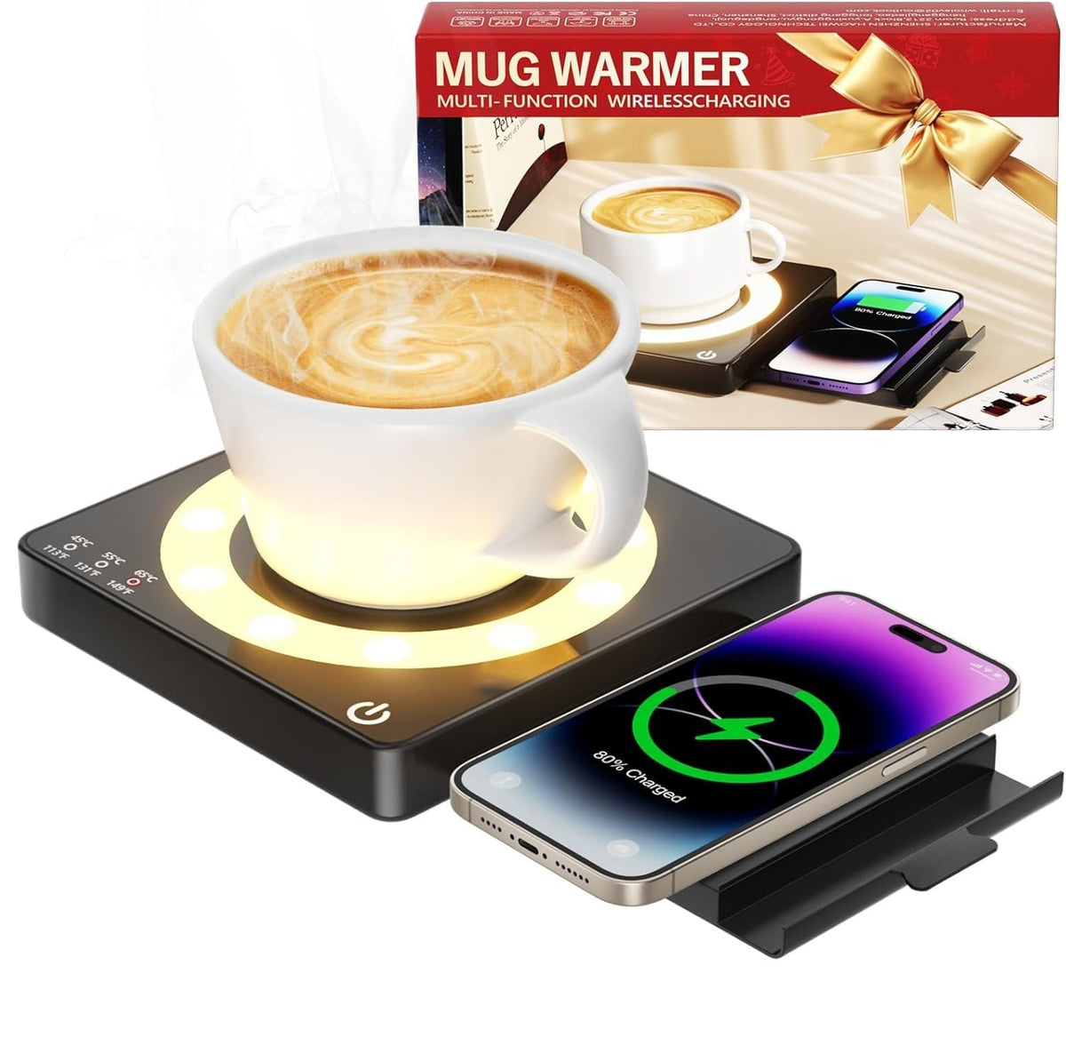 WHOLEV Coffee Mug Warmer top view shows compact desk-friendly design for warming beverages.