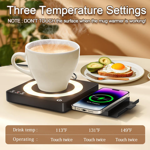 WHOLEV Mug Warmer with wireless charging keeps devices powered while you sip.