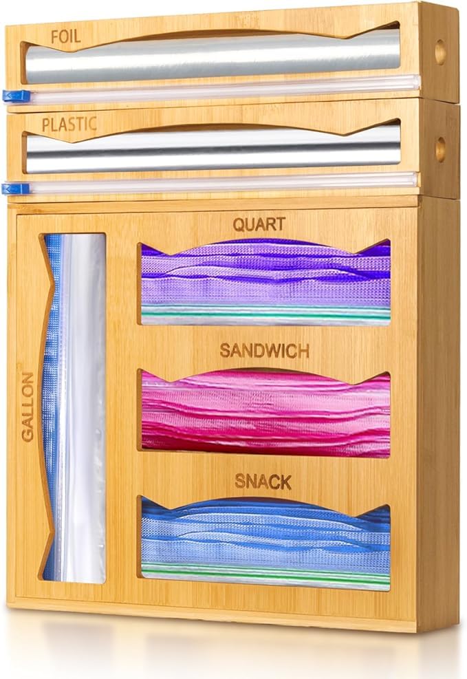 WHOMASS bamboo drawer organizer with gallon bag slot for organized meal prep