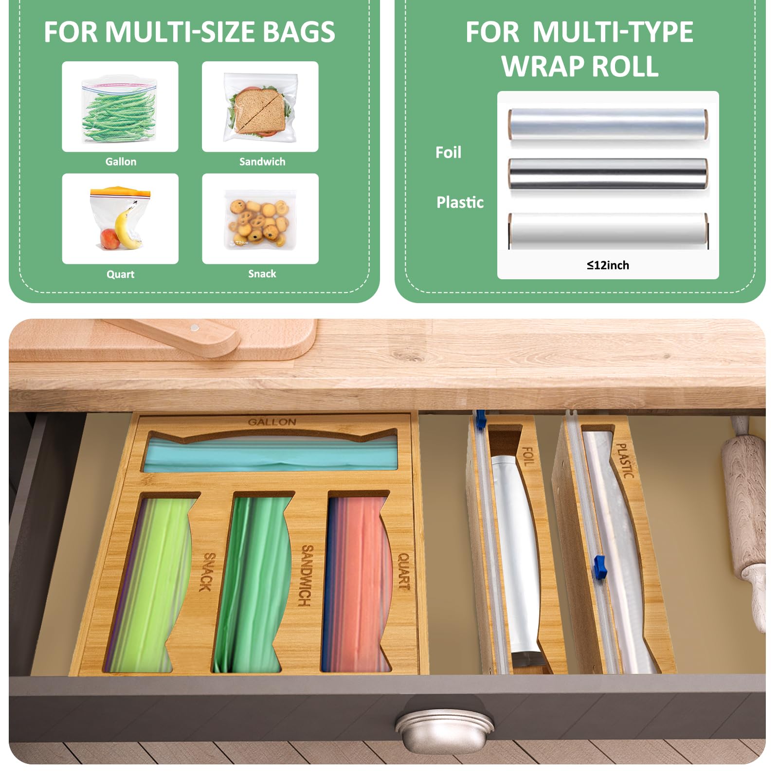 WHOMASS bamboo drawer organizer sandwich bag slot offers quick access during meal prep