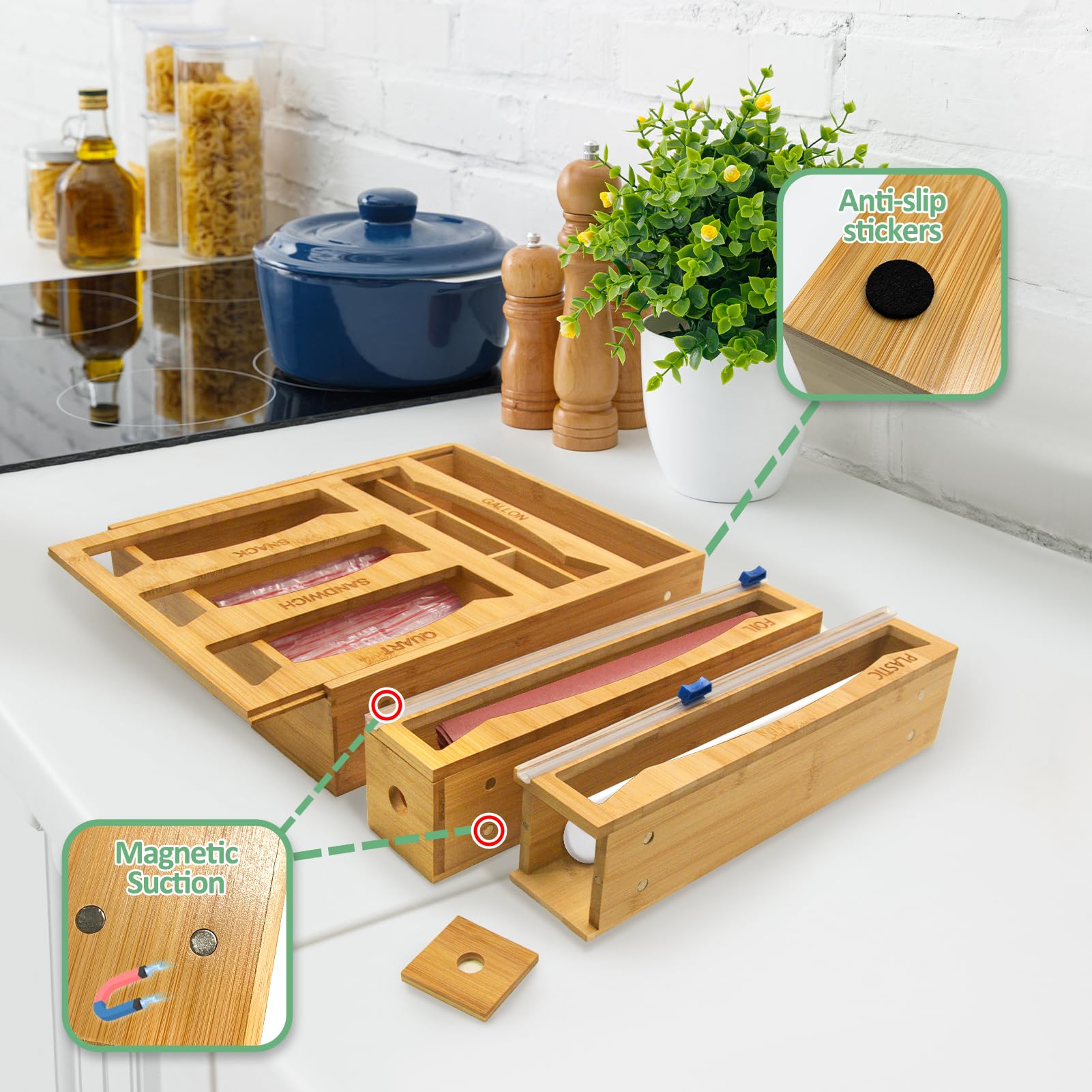 WHOMASS bamboo drawer organizer snack bag slot ideal for grab-and-go snacks