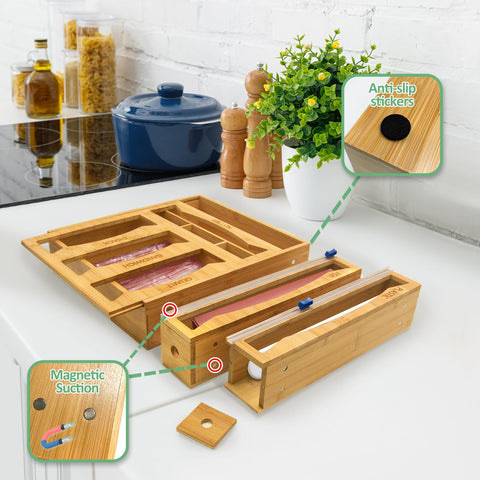 WHOMASS bamboo drawer organizer snack bag slot ideal for grab-and-go snacks