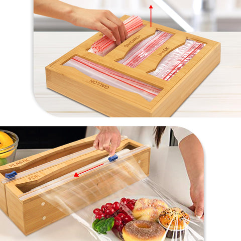WHOMASS wrap dispenser on bamboo organizer keeps counter tidy during cooking