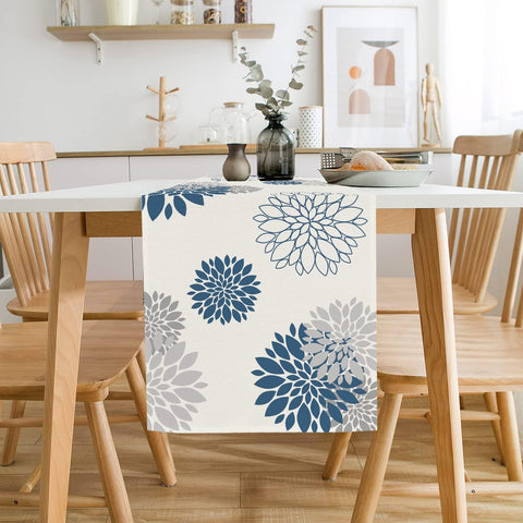 WHOMEAF blue gray burlap table runner designed to protect surfaces during meals.