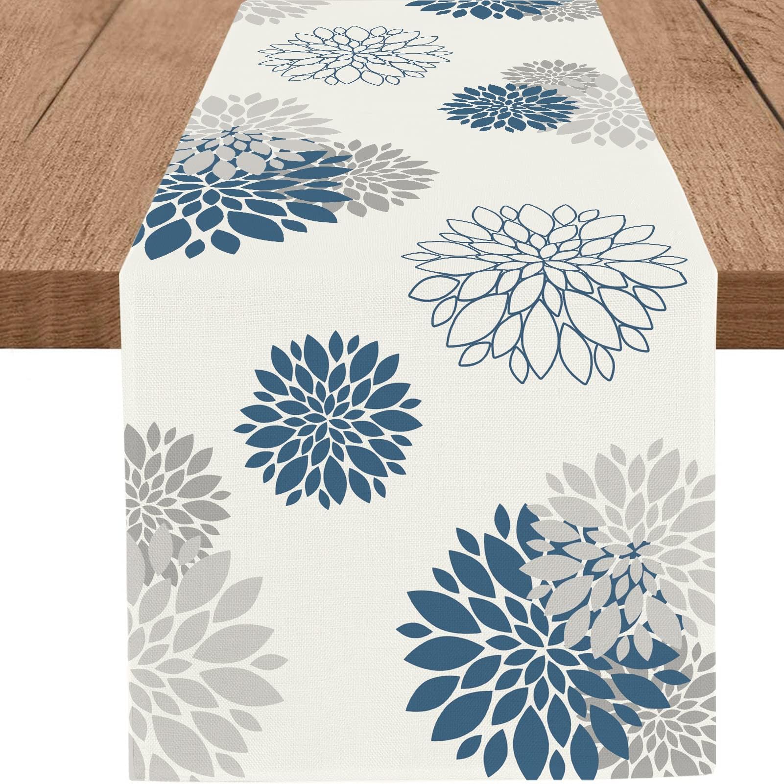 WHOMEAF blue gray dahlia burlap table runner adds subtle elegance to dining.