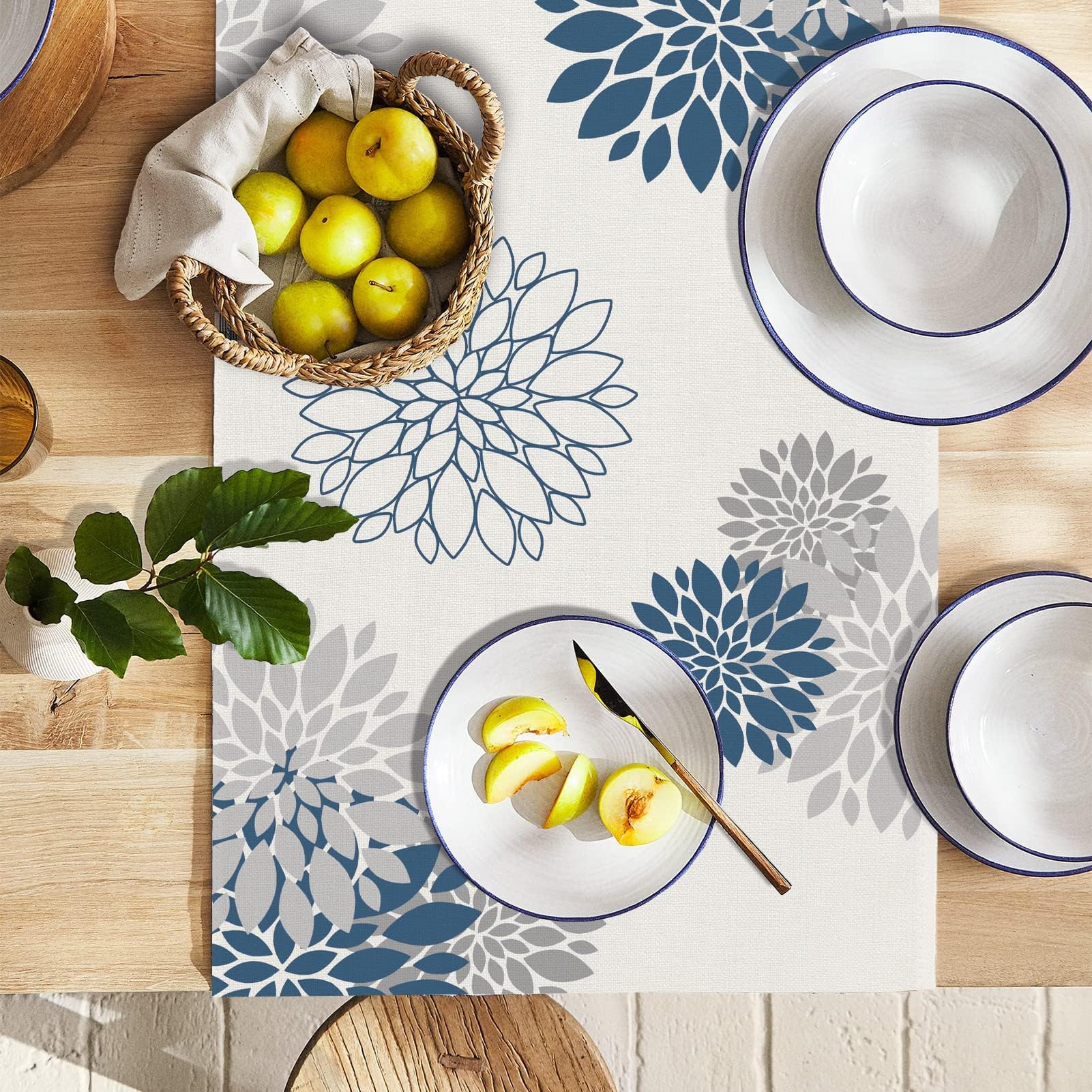 WHOMEAF dahlia-pattern table runner on table demonstrates inviting dining ambience.