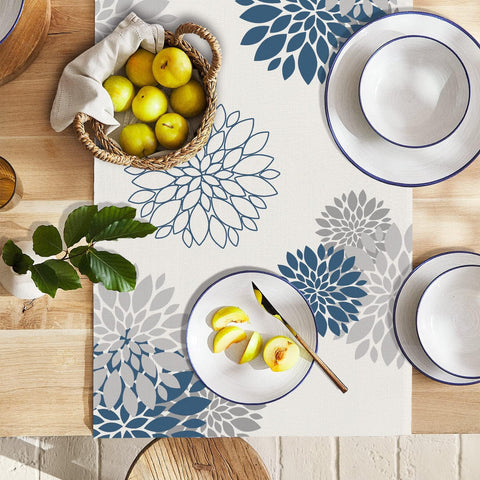 WHOMEAF dahlia-pattern table runner on table demonstrates inviting dining ambience.