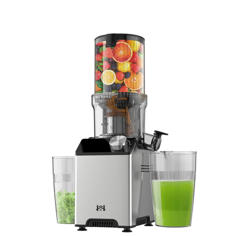 Whuto cold press juicer with wide feed chute for efficient whole-fruit juicing.