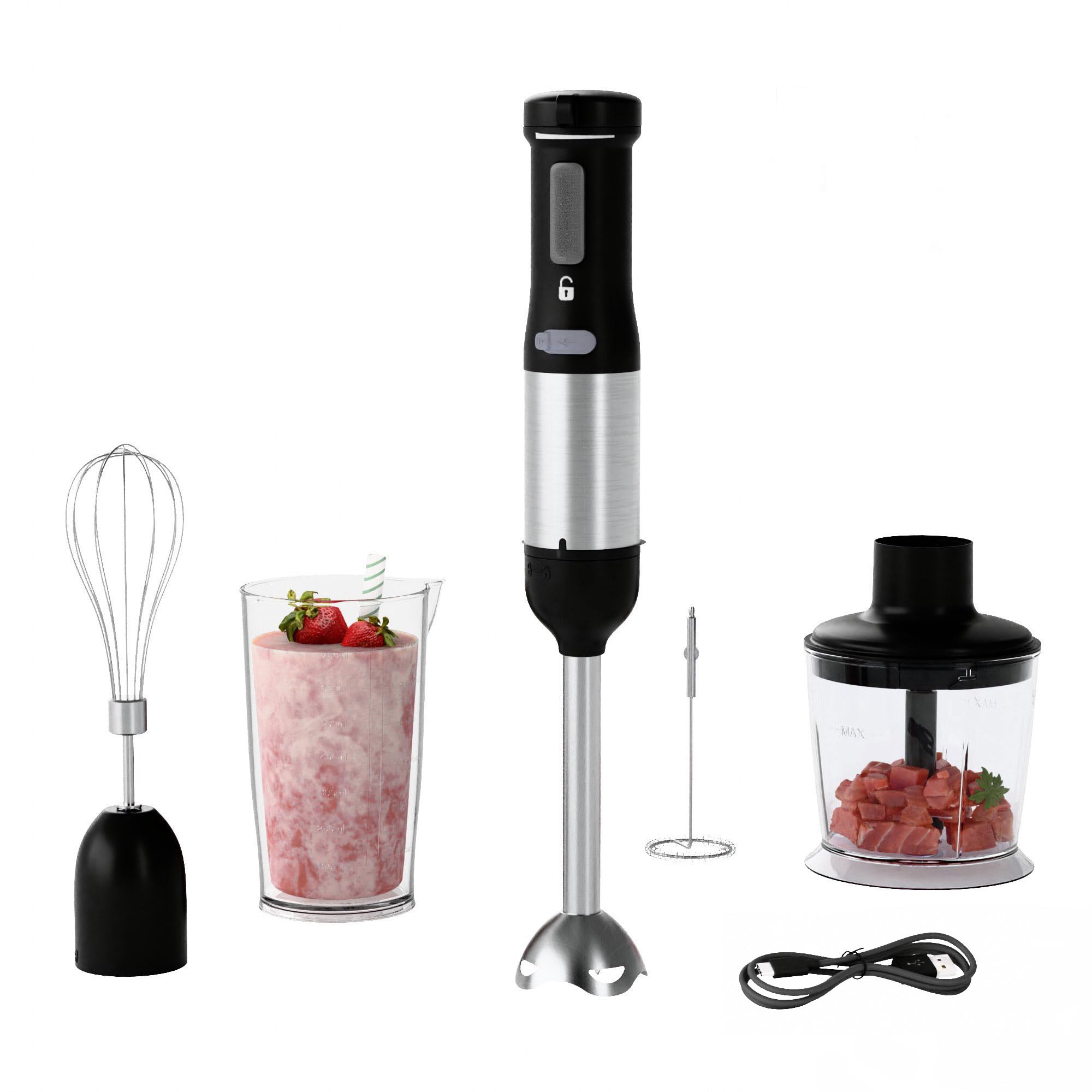 Whuto cordless immersion blender with 700ml beaker for smooth sauces and soups.