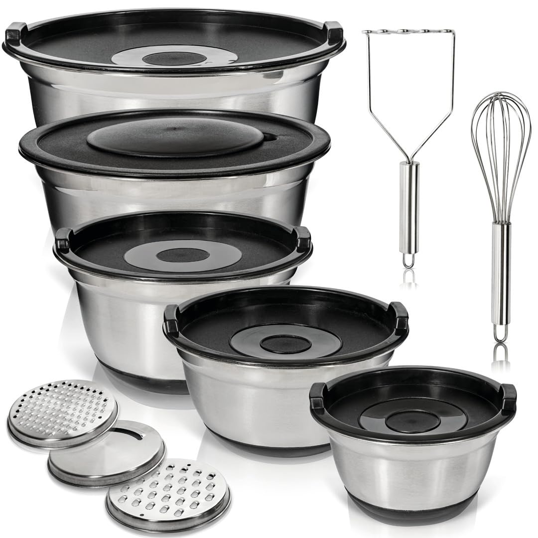 WHYSKO stainless steel mixing bowls set nested for space-saving storage.