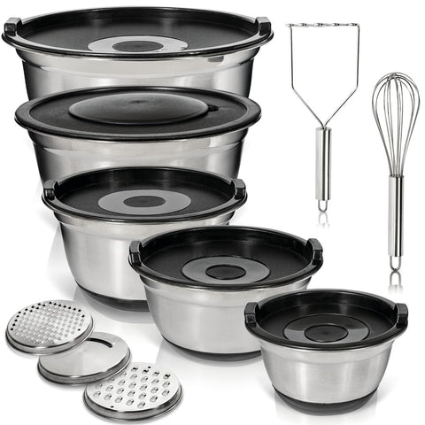 WHYSKO stainless steel mixing bowls set nested for space-saving storage.