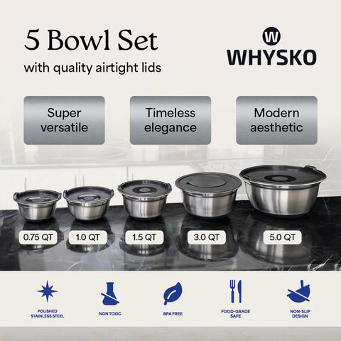 WHYSKO mixing bowls with lids demonstrating secure, leak-free storage.