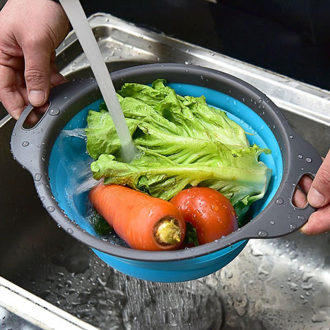 WHZHAOCAI collapsible colander blue folded close-up showing space-saving design