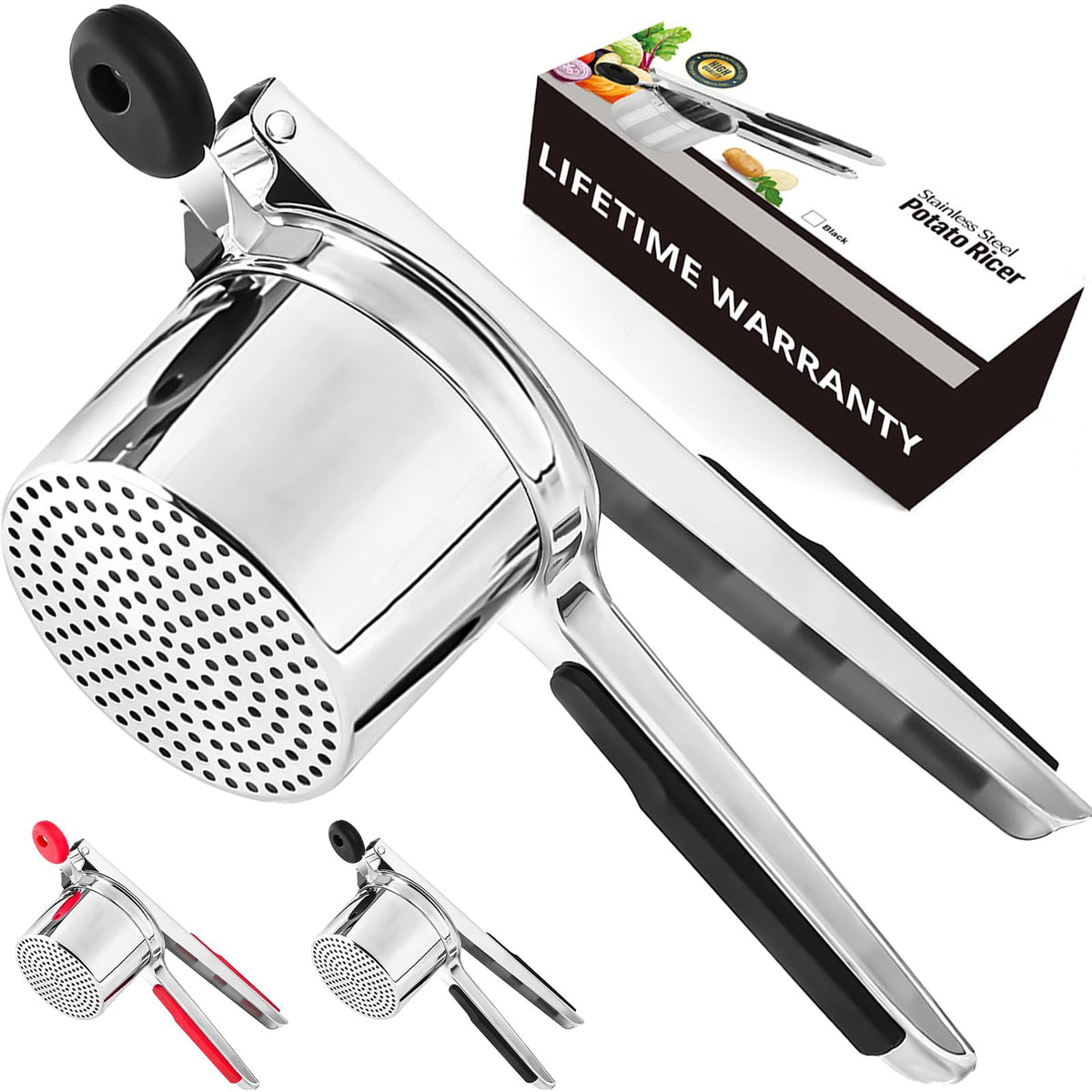 WIHBOIR large potato ricer with silicone grip pressed over bowl for smooth mash