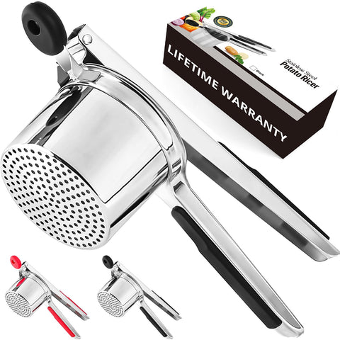 WIHBOIR large potato ricer with silicone grip pressed over bowl for smooth mash