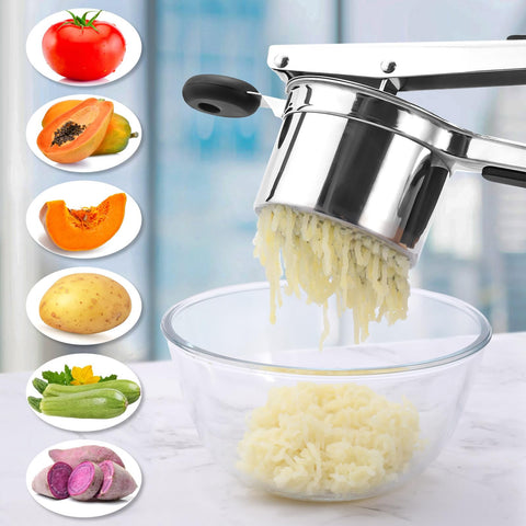 Sturdy stainless steel WIHBOIR ricer over a bowl ready to press