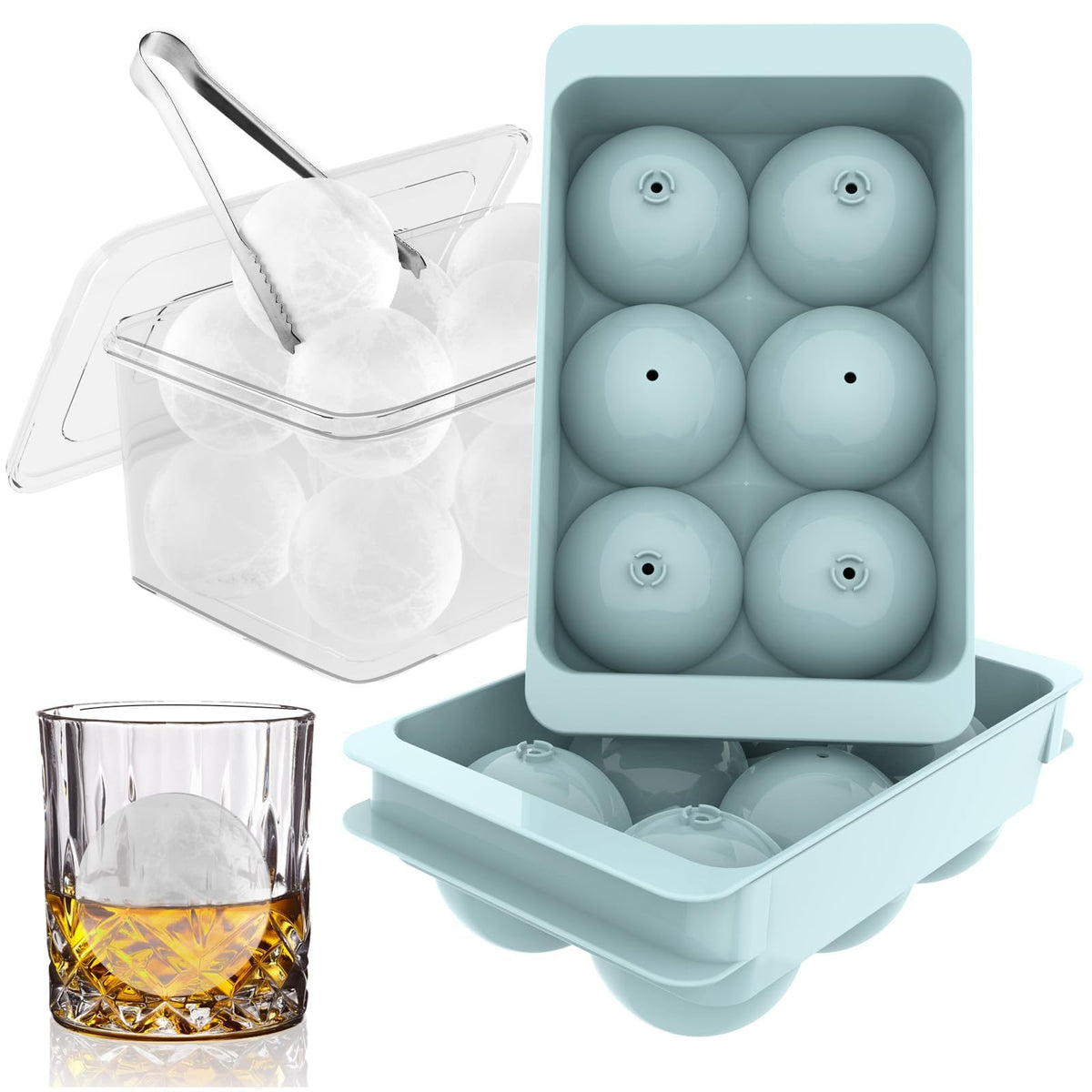 WIBIMEN large ice cube mold blue two-pack for whiskey with slow-melting round cubes.