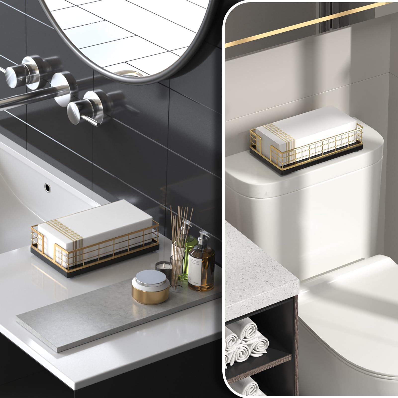 Wican dining-table napkin holder in gold and black, adds style and function.