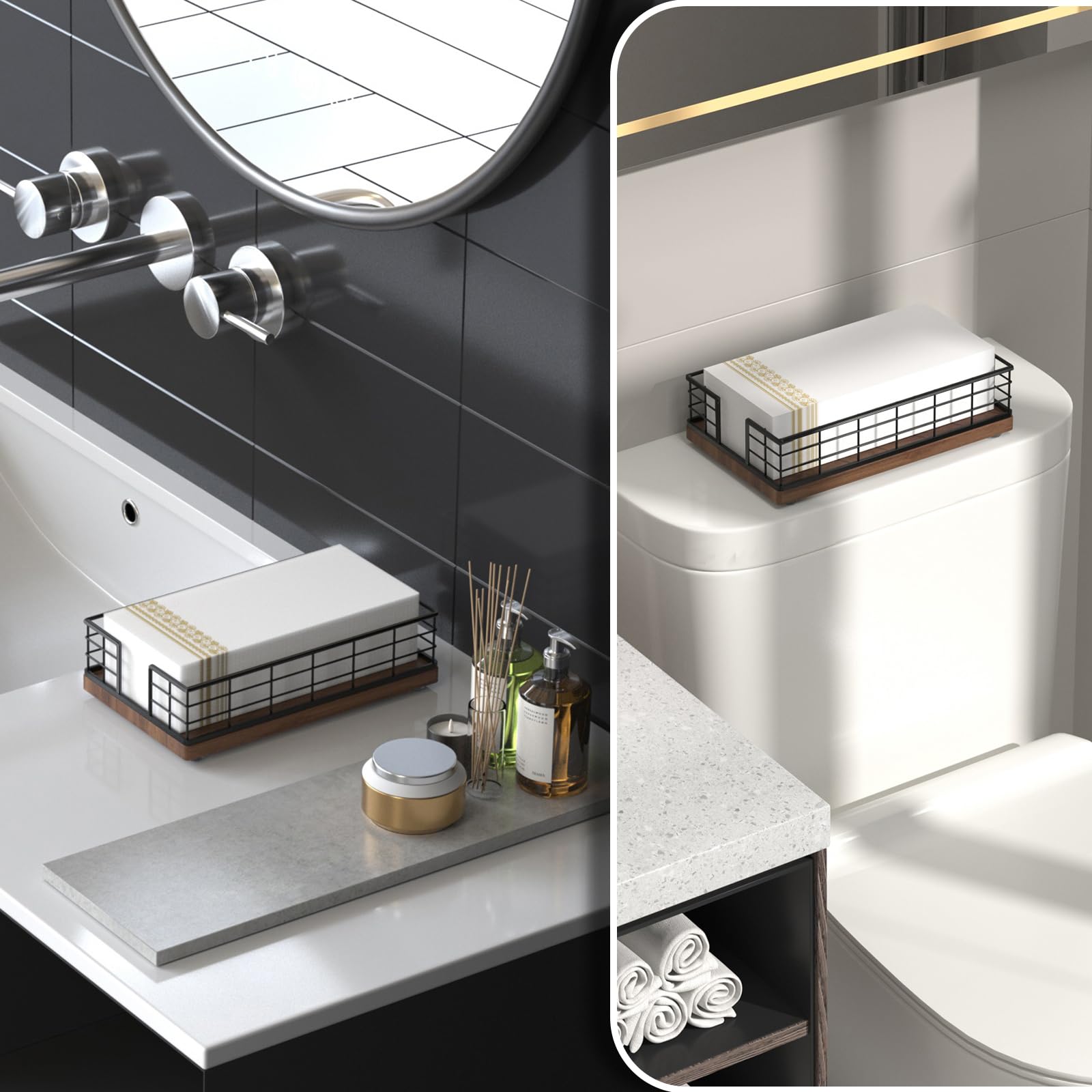 Wican towel holder on dining table with napkins for an organized look