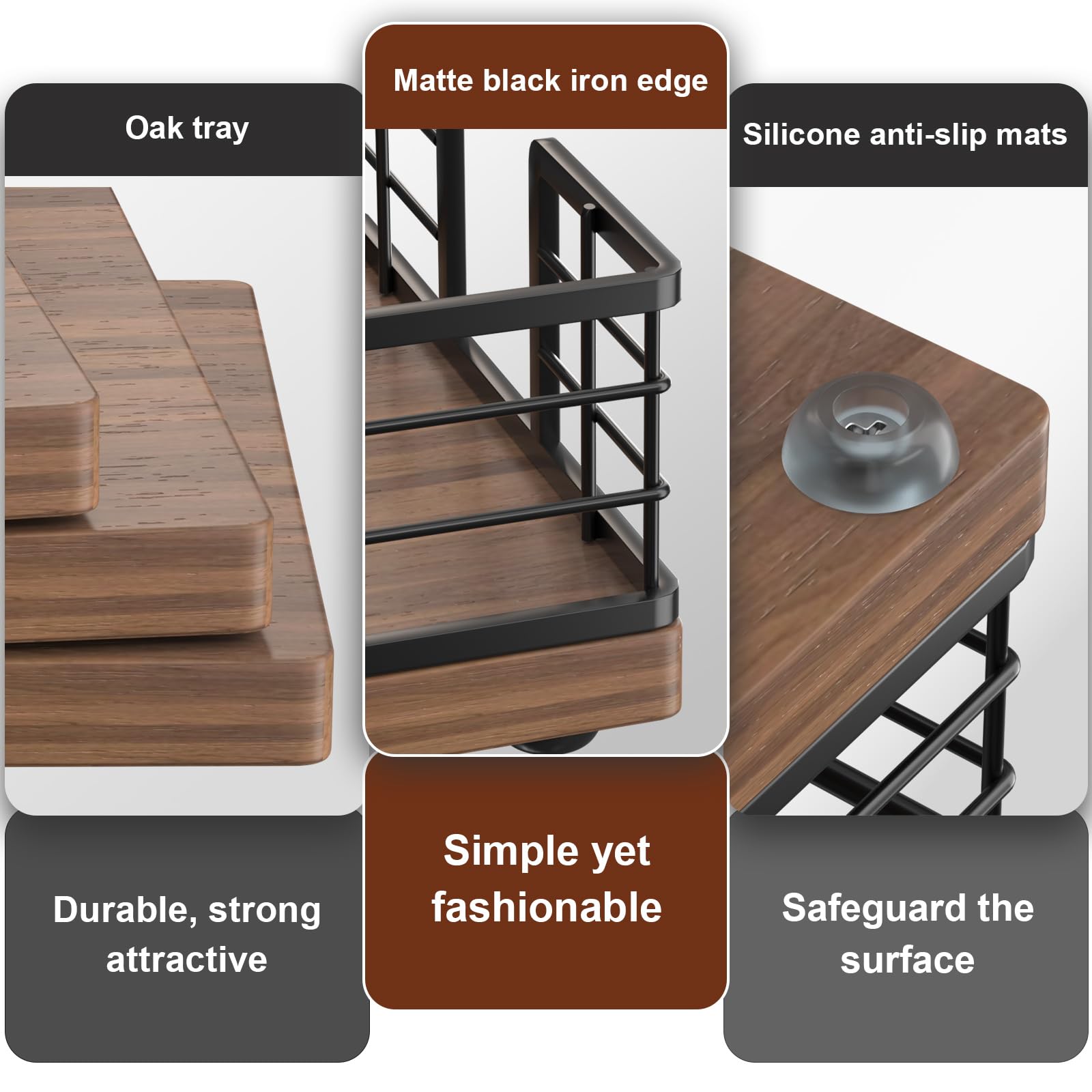 Close-up of iron and oak grain detailing on the Wican tray