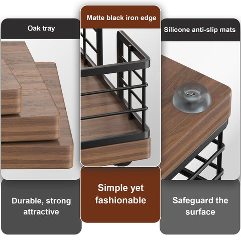 Close-up of iron and oak grain detailing on the Wican tray